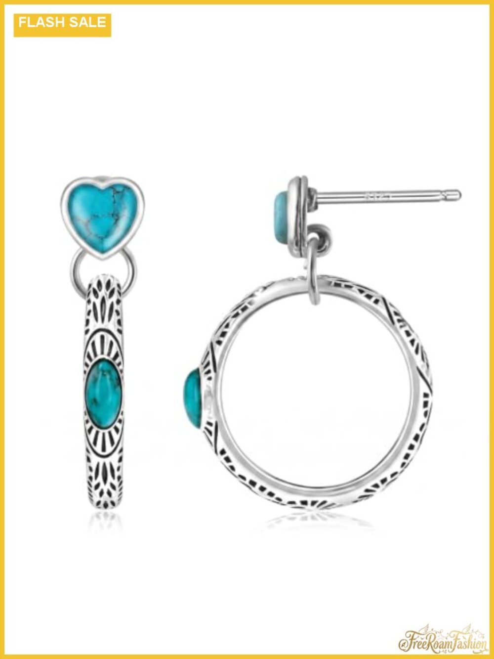 Turquoise Gemstone Drop Hoop Earrings Boho Southwestern Style